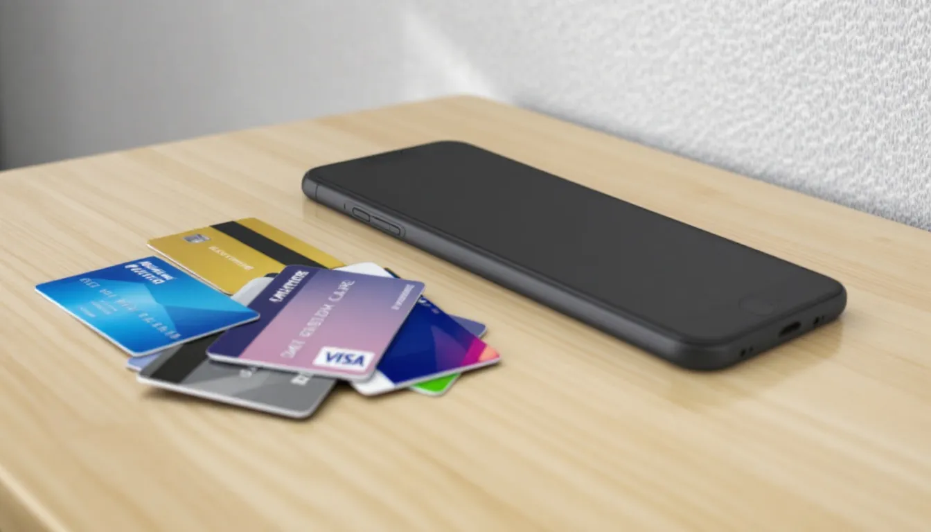 The image shows various payment cards and a smartphone placed on a table, suggesting options for making deposits and withdrawals for online casino activities. This setup is essential for those looking to engage in both casino games and sports betting.