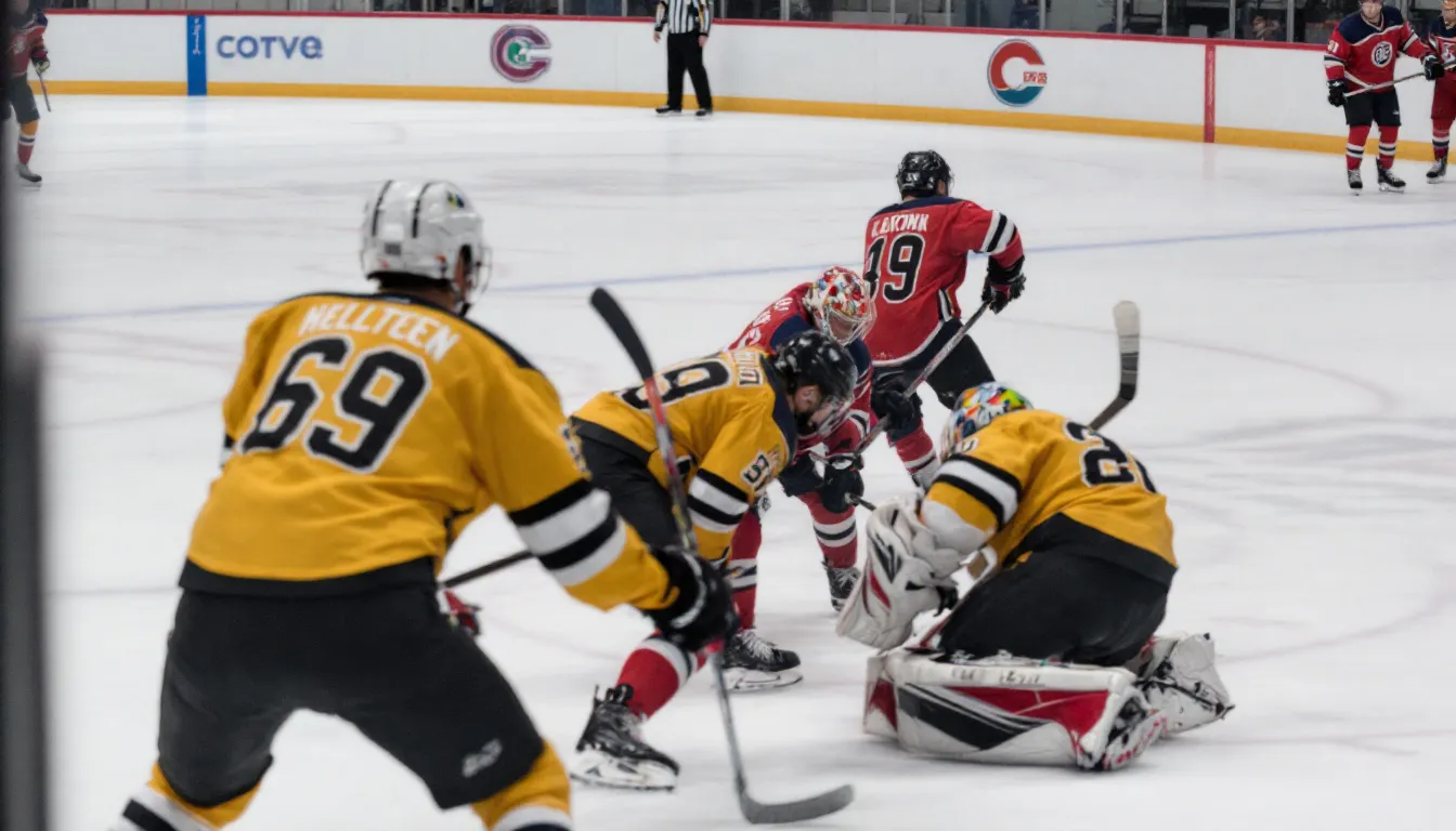 The image depicts ice hockey players engaged in an intense game on the rink, showcasing their dynamic movements and teamwork. The scene captures the excitement of a live sports event, highlighting the competitive spirit that attracts fans to sports betting and online casinos.