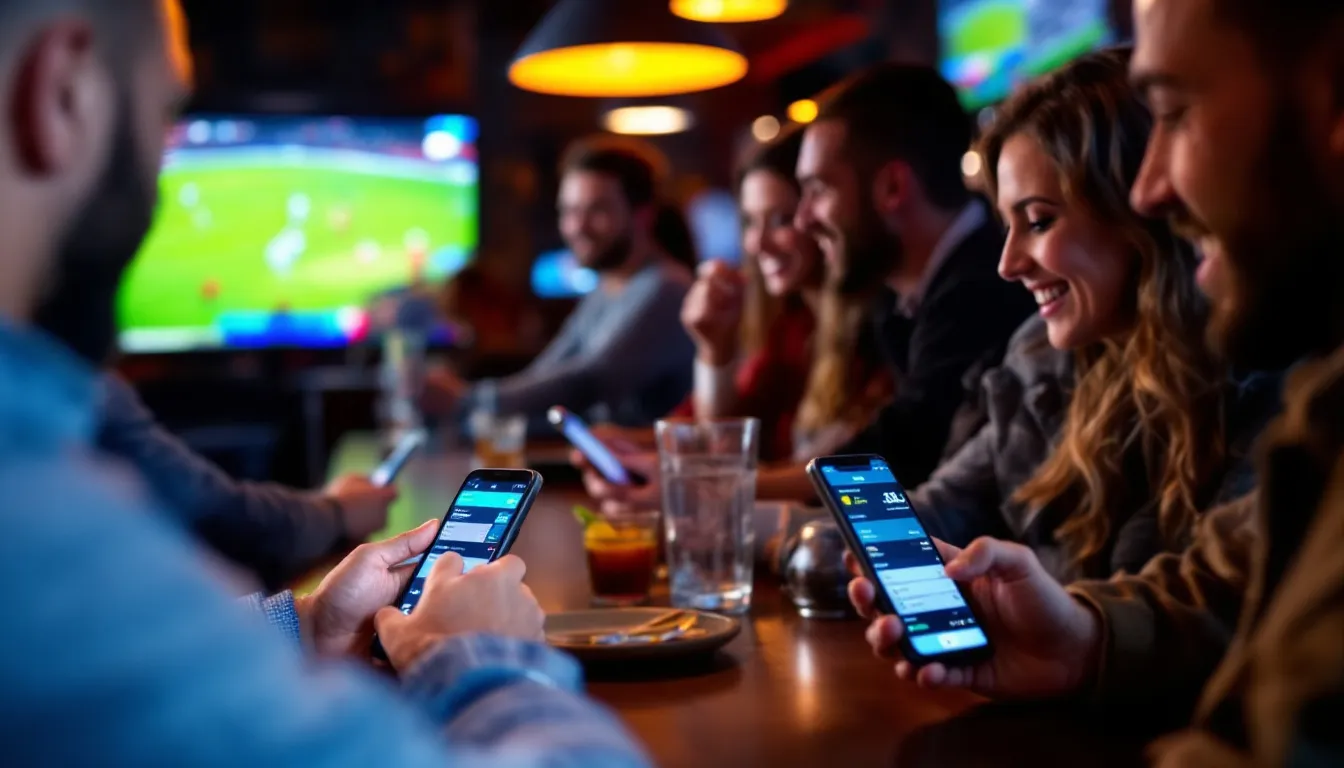 A crowd of people is intently watching a sports event while using their smartphones to place bets. This scene highlights the growing trend of engaging in sports betting through online platforms, which offer various bonuses and support for users.