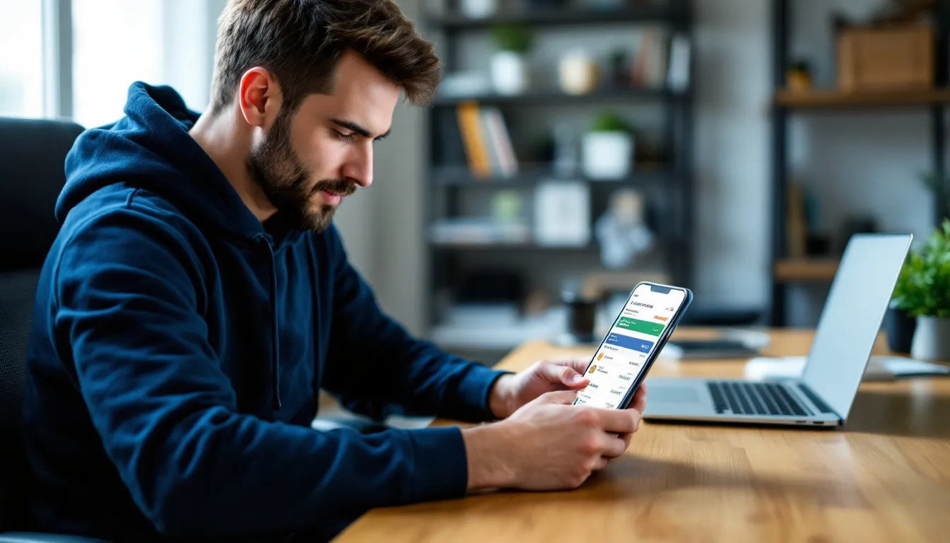 A person is using a smartphone to access a sports betting application, which allows them to place bets on various sports events. This app is designed to be user-friendly and provides support and assistance for managing deposits and withdrawals.